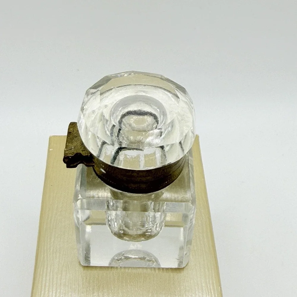Antique Victorian Crystal Inkwell Cut Faceted Glass Brass Lid Hinge 2
